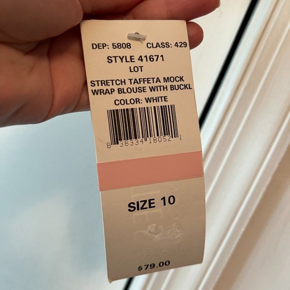 Caliendo - White Stretch Taffeta Mock Wrap Blouse w/Rhinestone Buckle - 10 - Picture 5 of 7